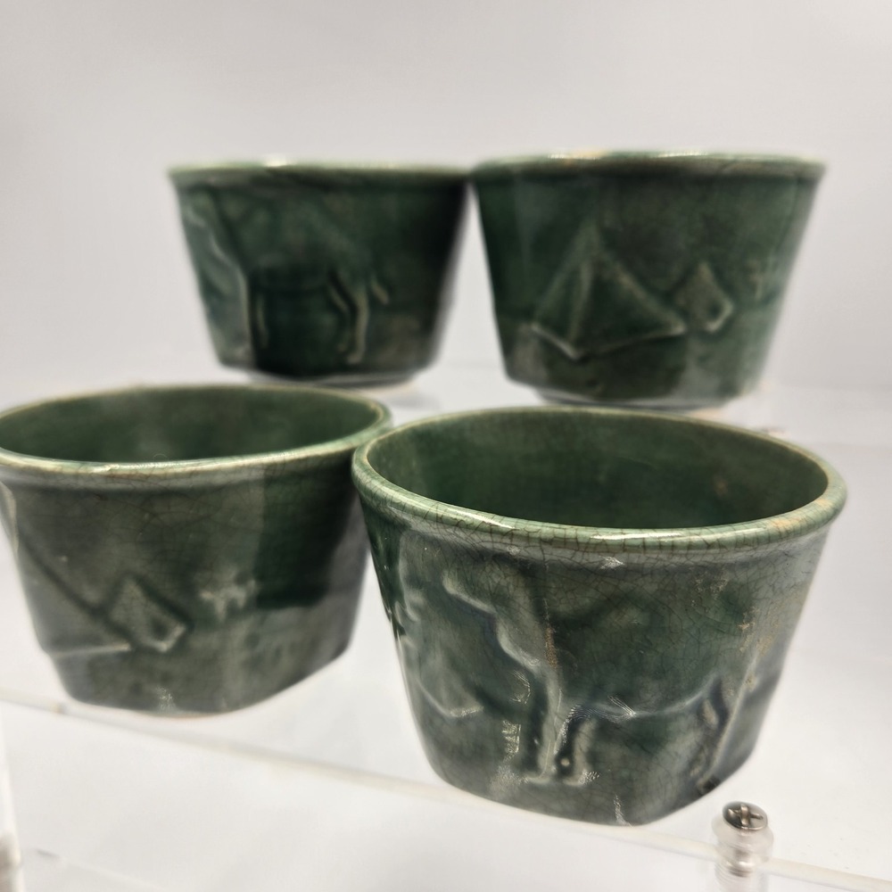 Vintage Tashiro Shoten Egyptian Revival Green Tea Cups 4 Set Camel Pyramids 3D